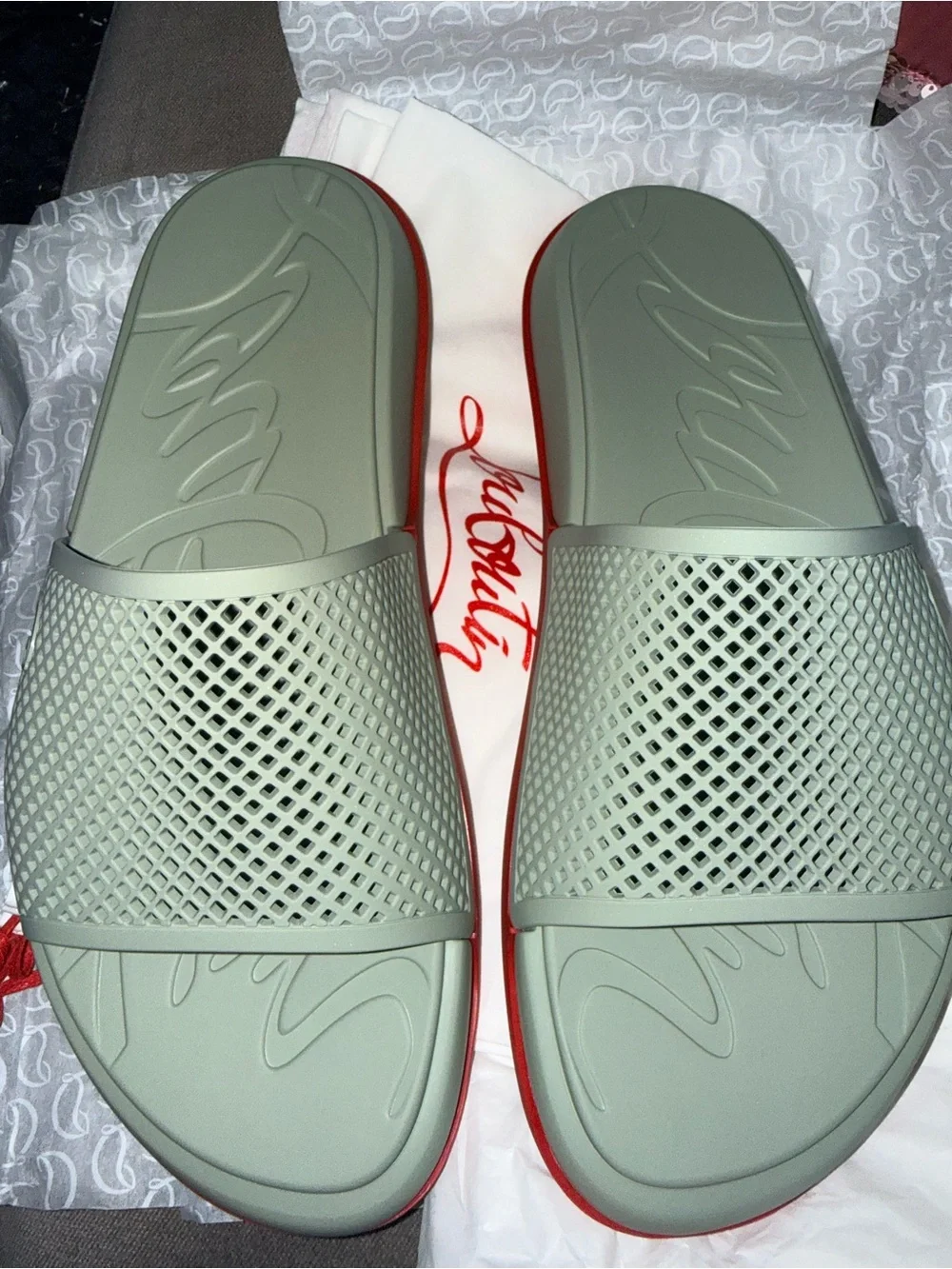 Light Sage Green Slip-On Slide Sandals with Red Soles